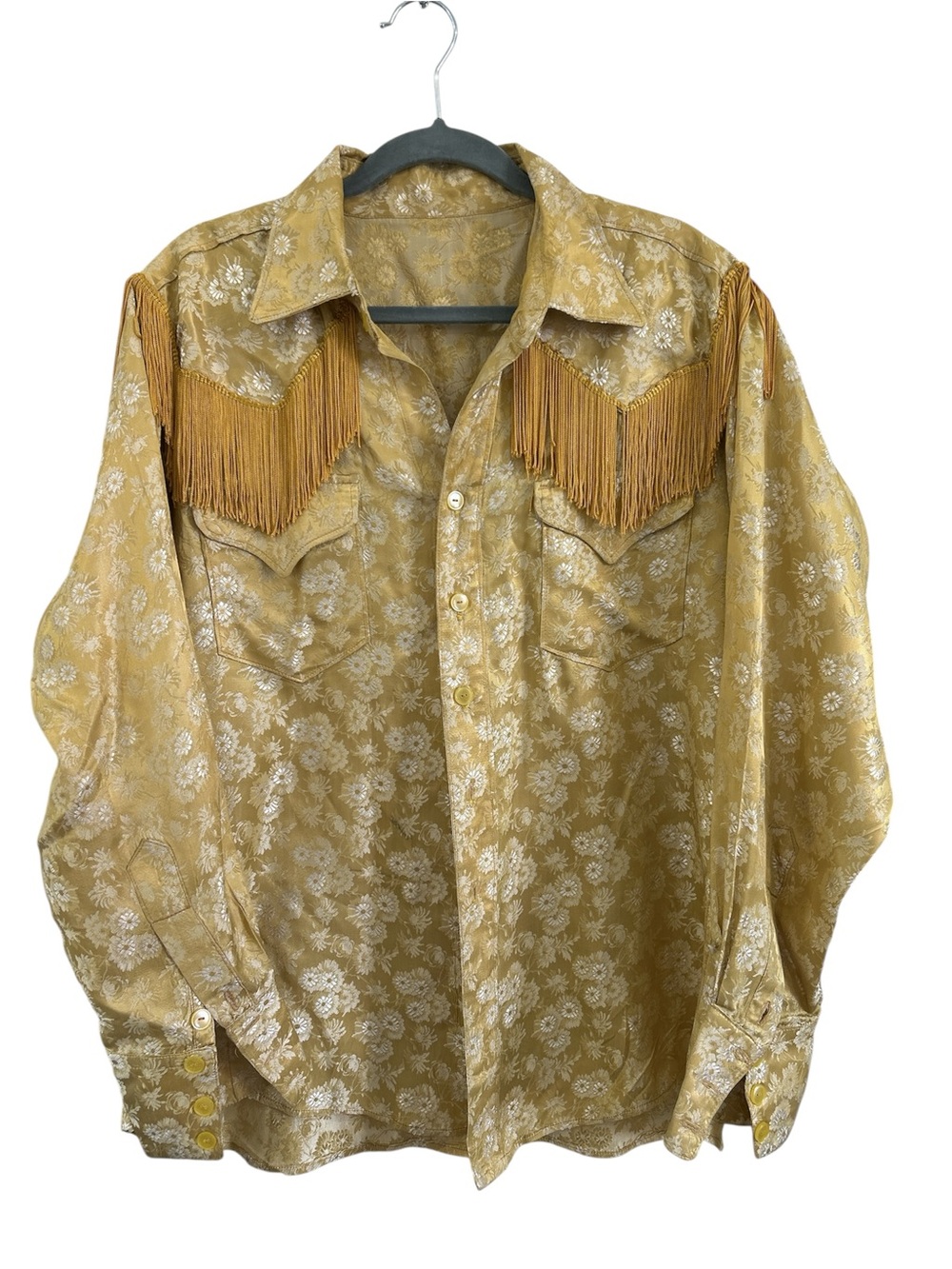 70’s Vintage gold jacguard western rodeo fringe floral shirt large